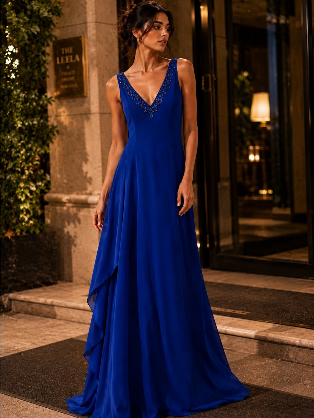 NWT Armani Collezioni Royal Blue Beaded V-Neck Formal Maxi Gown Size 42 (US 6)